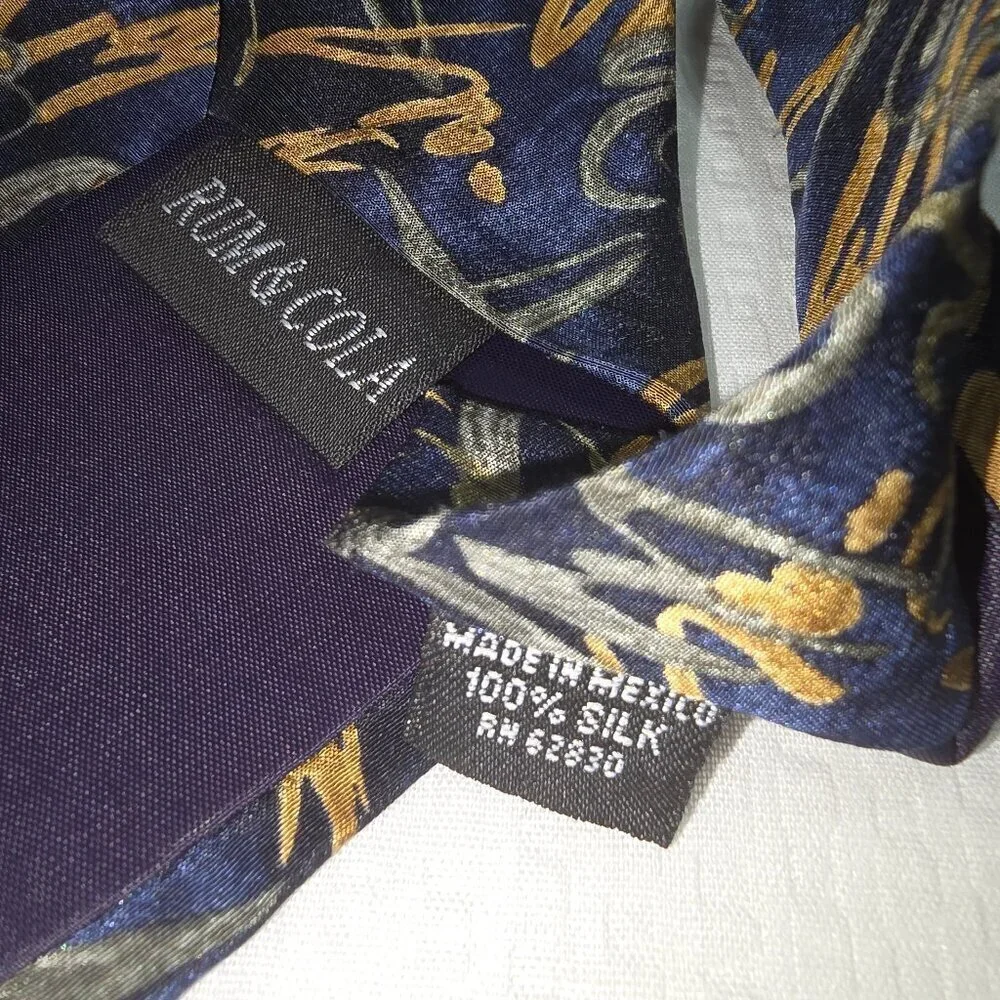 COCKTAIL COLORS RUM AND COLA TIE SILK NAVY WITH GOLD GREEN SWIRL DESIGN EUC
